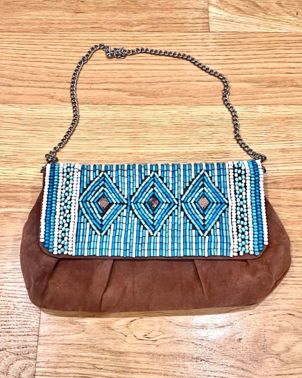 Chico's Brown Faux Suede Boho Turquoise Beaded Shoulder Bag with Chain Strap - Picture 2 of 9